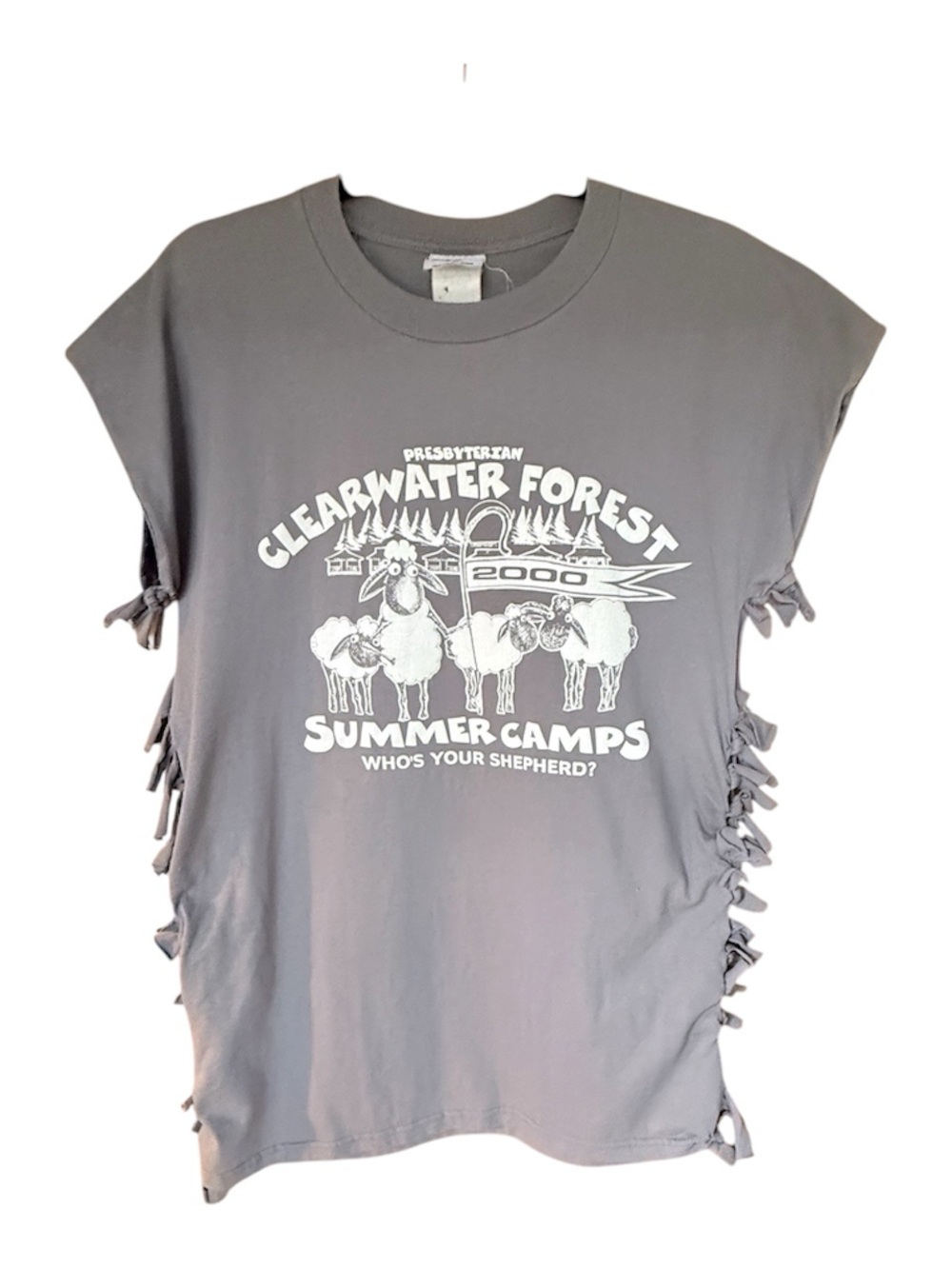 Vintage Y2K Reworked Cut Out Side Knot Summer Church Camp Graphic Tee Fringe
